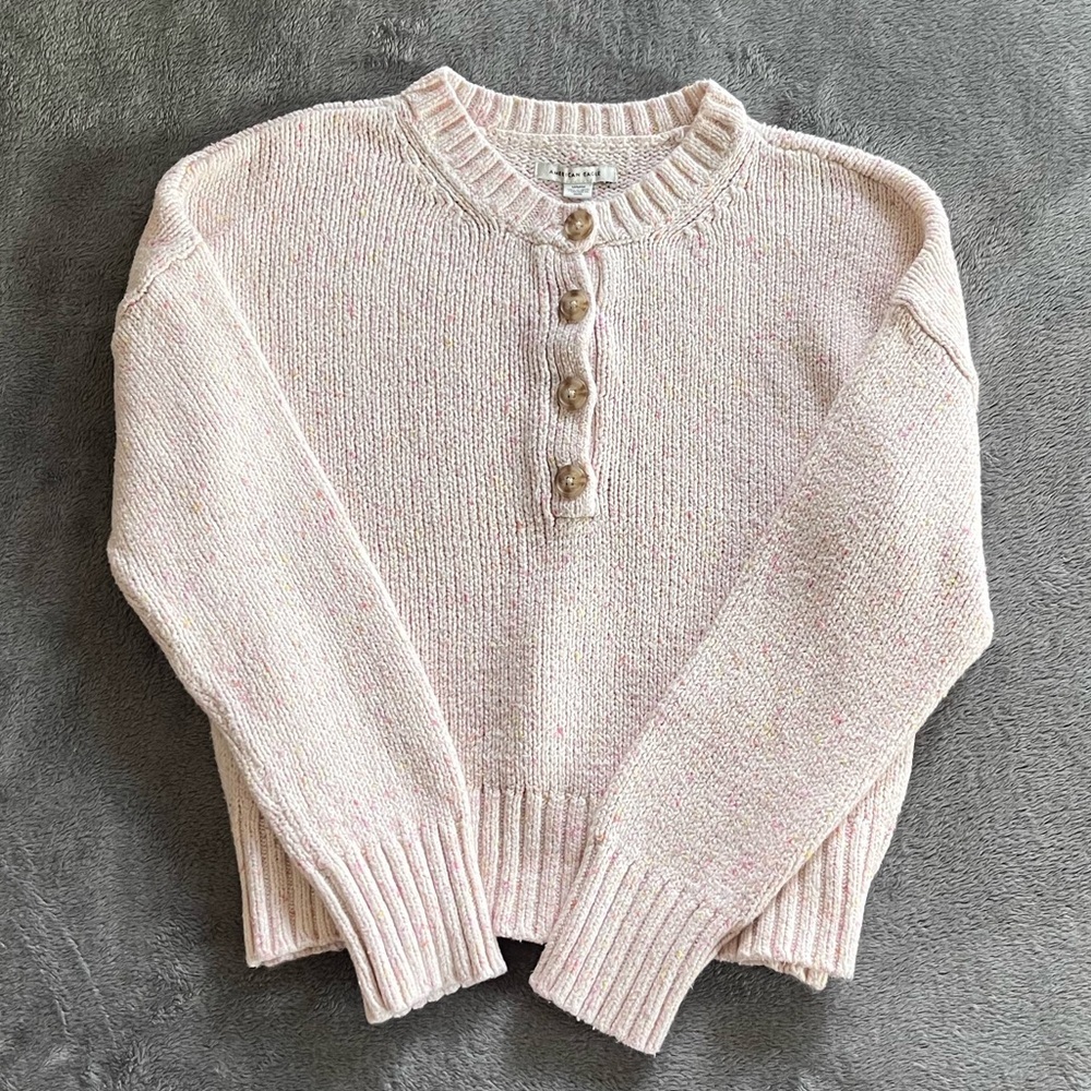 American Eagle Outfitters Light Pink Buttoned Crew Neck Sweater